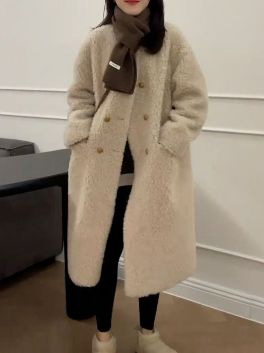 plus Size Mid-Length Lamb Fur  - Wool Coat Peacoat review and price